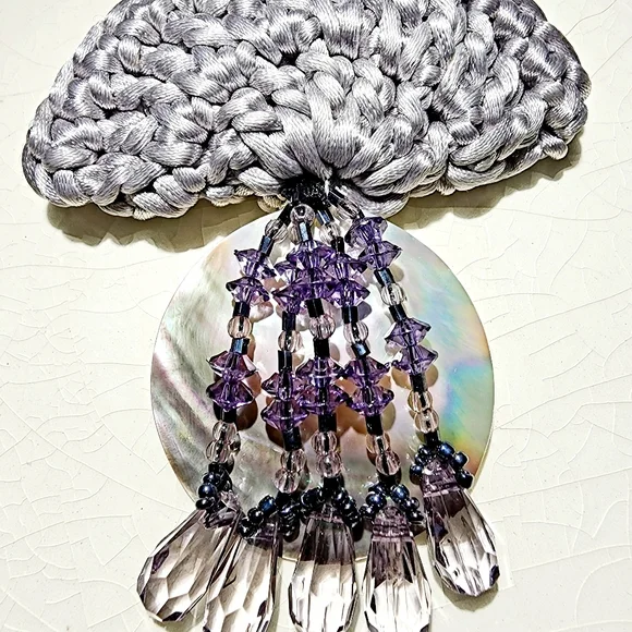 Periwinkle soft grey shell brooch  cascading faceted beads iridescent crochet - Picture 2 of 8